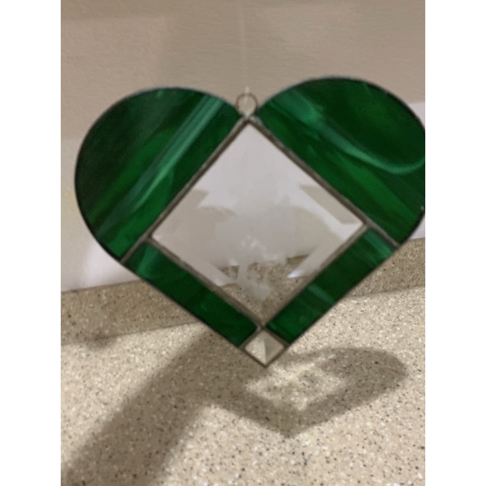 Green Heart Shape Stained Glass Clear Tree Of Life Leaded Vintage Clear 7"